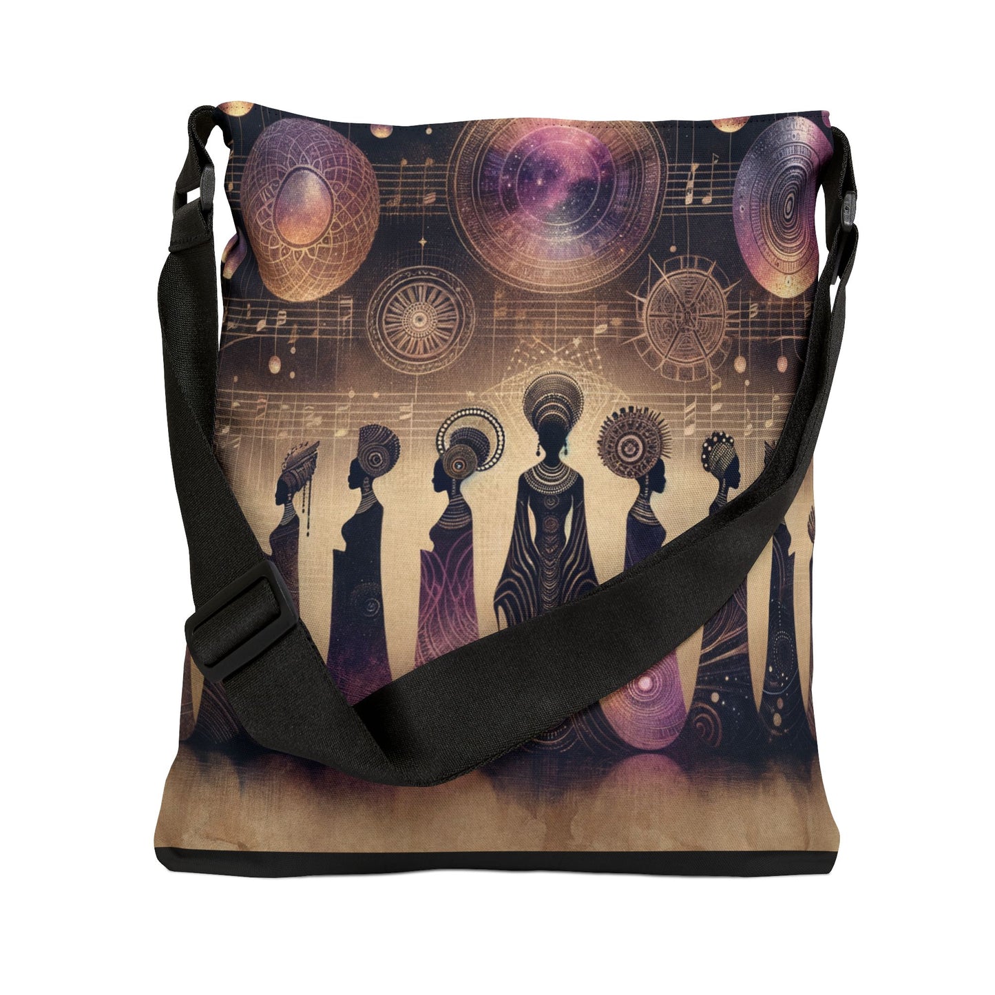Celestial Sistas Adjustable Crossbody Bag, Shoulder Bag, Unique Art Purse, Cosmic Design Tote, Juneteenth Celebration, Kwanzaa Gifts