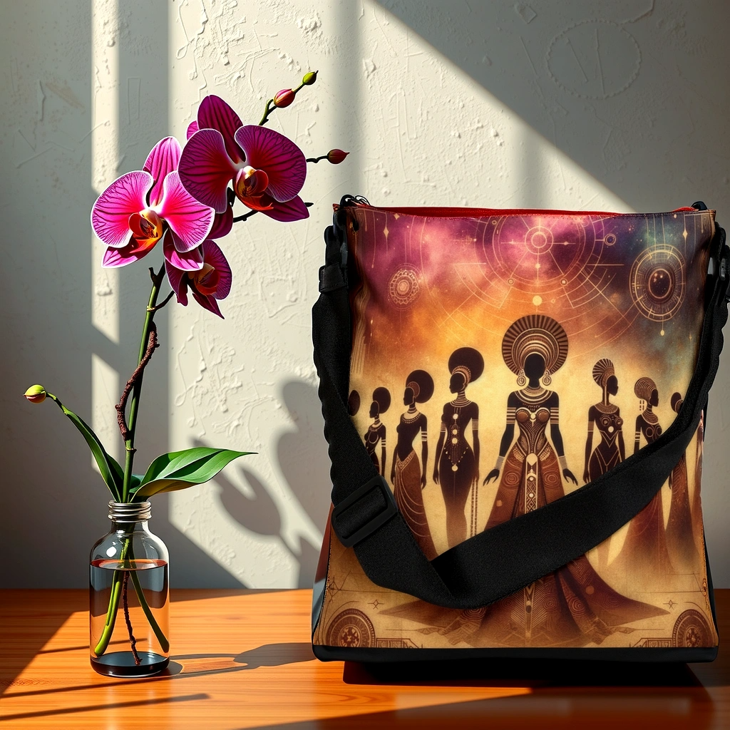 Awakening Crossbody Bag, African Women Empowerment Shoulder Purse, Adjustable Ethnic Market Bag, Afrofuturist Geometric Beach Tote, Radiant