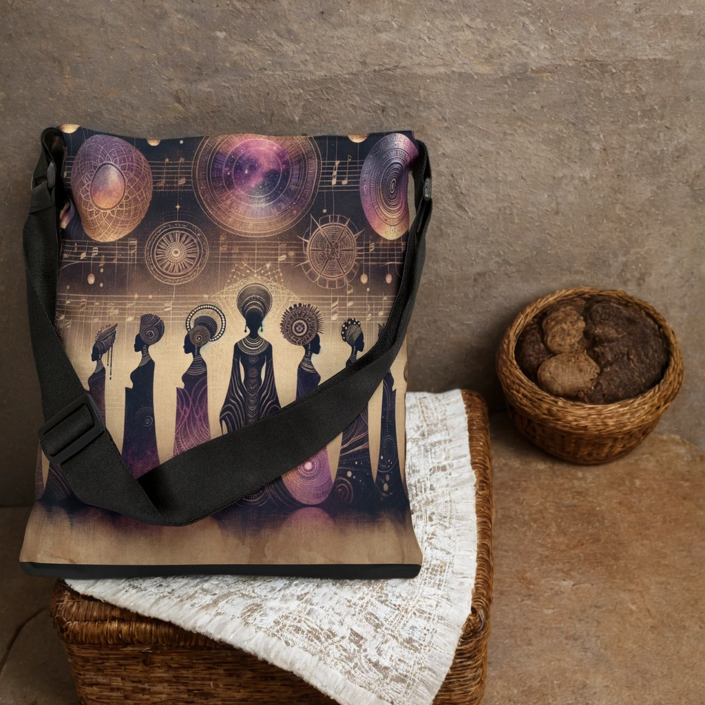 Celestial Sistas Adjustable Crossbody Bag, Shoulder Bag, Unique Art Purse, Cosmic Design Tote, Juneteenth Celebration, Kwanzaa Gifts