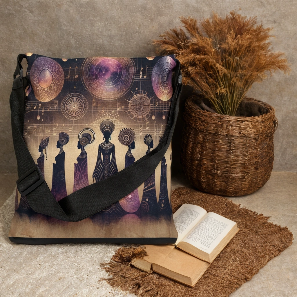 Celestial Sistas Adjustable Crossbody Bag, Shoulder Bag, Unique Art Purse, Cosmic Design Tote, Juneteenth Celebration, Kwanzaa Gifts