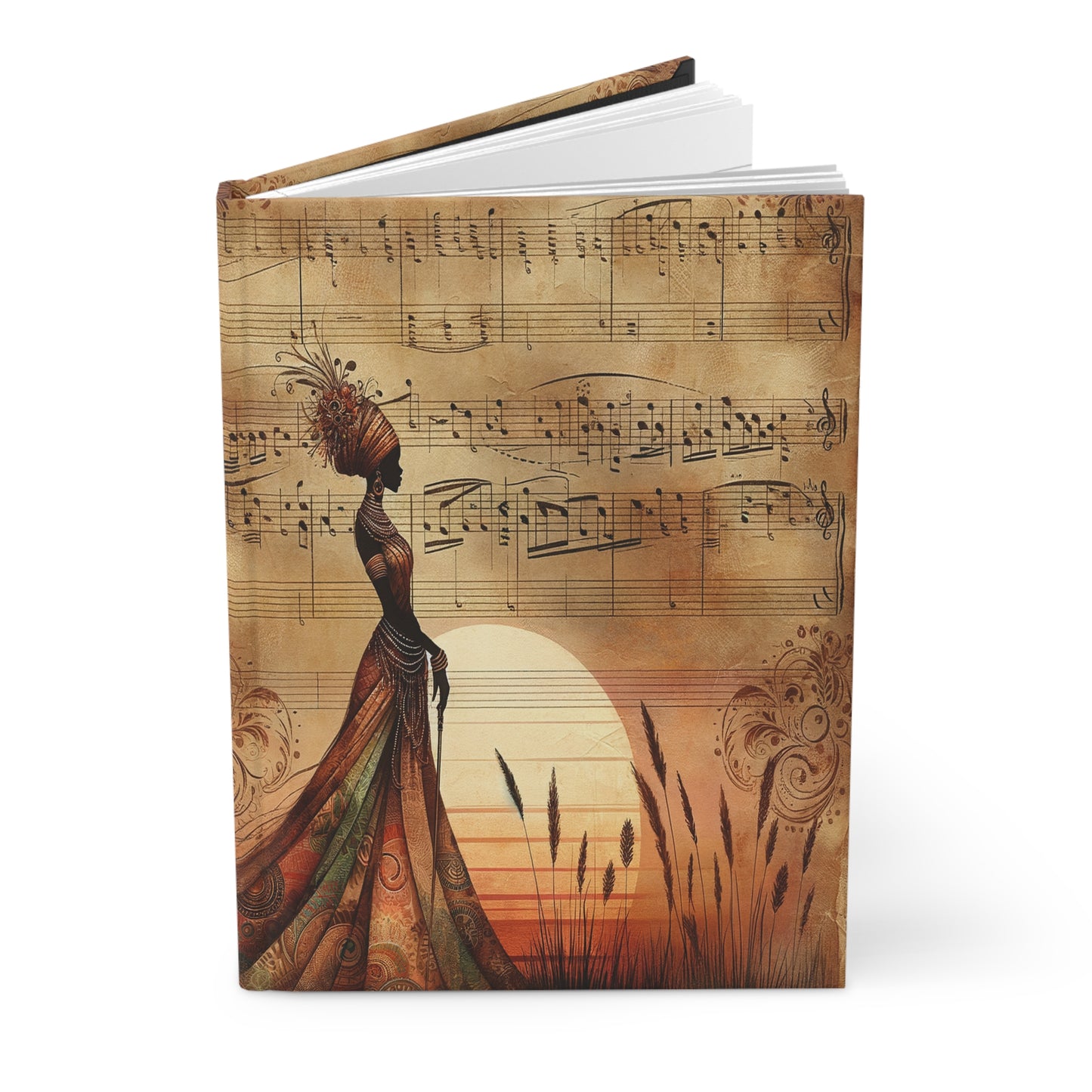 Hardcover Journal Matte - African Woman Tribal Silhouette Sunset Patterned Garments Sheet Music Design, Notebook, Diary,