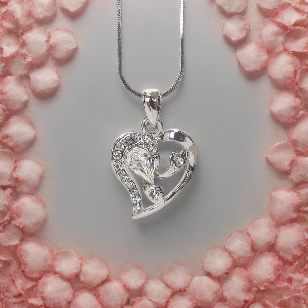 Crystal Heart Necklace – White Gold Dipped Pendant with Teardrop Stone – Elegant Gift Jewelry