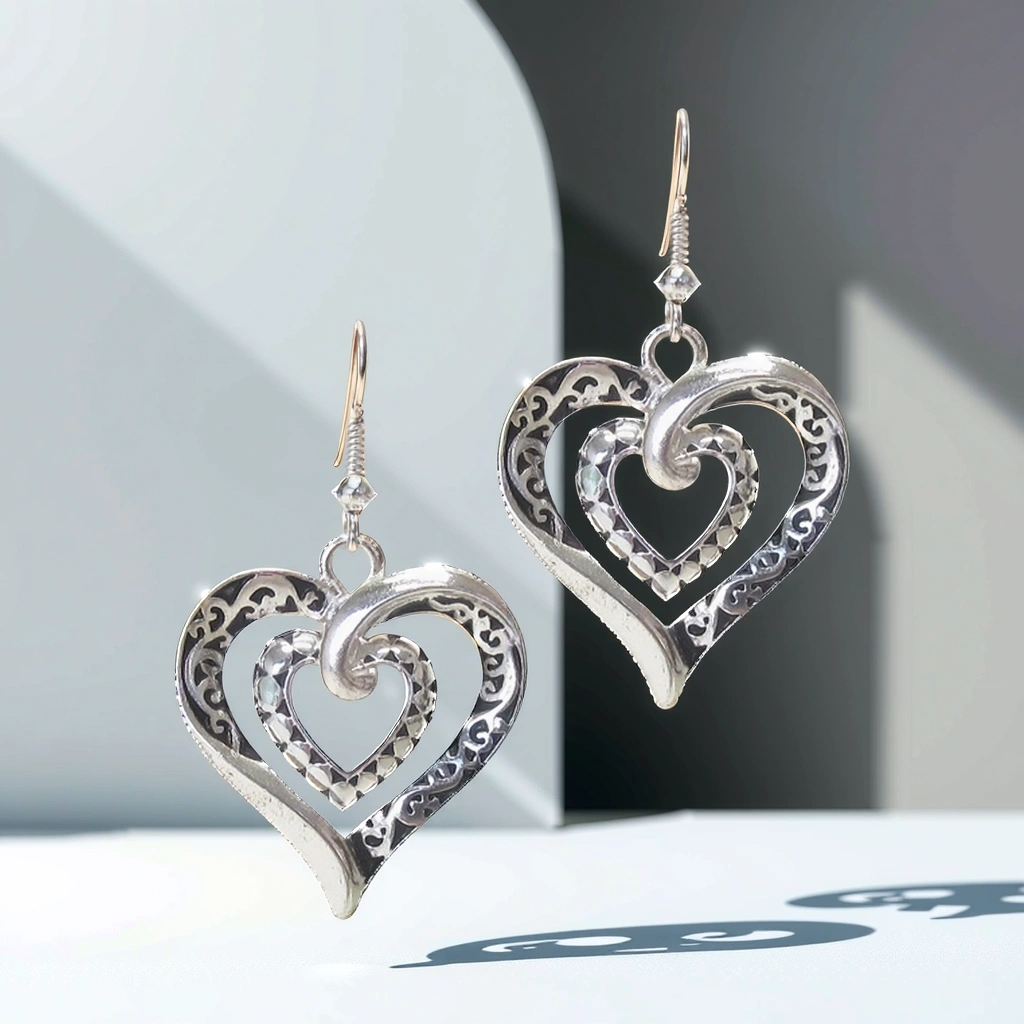 Antique Silver Scroll Double Heart Earrings – Romantic Dangle Jewelry for Women