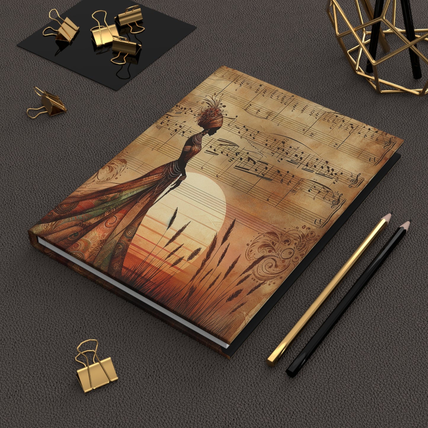 Hardcover Journal Matte - African Woman Tribal Silhouette Sunset Patterned Garments Sheet Music Design, Notebook, Diary,