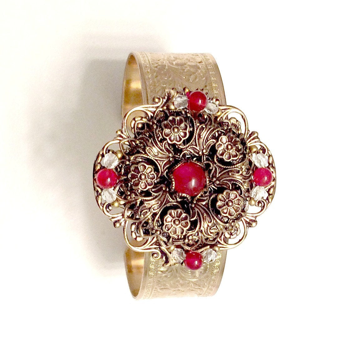 Carnelian Cuff Bracelet, Filigree Cuff, Flower Cuff, Filigree Flower,Carnelian Cuff, Handcrafted Cuff, Vintage Style Cuff, Filigree Bracelet