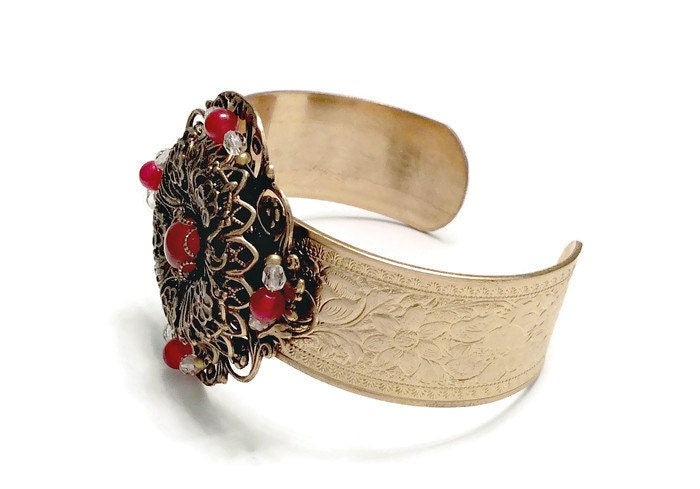 Carnelian Cuff Bracelet, Filigree Cuff, Flower Cuff, Filigree Flower,Carnelian Cuff, Handcrafted Cuff, Vintage Style Cuff, Filigree Bracelet