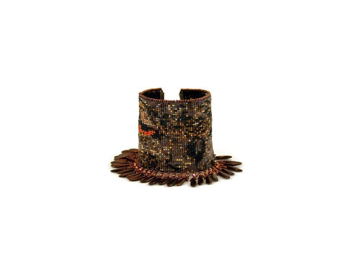 Owl Cuff Bracelet, Handbeaded Cuff, Brown Jewelry, Loom Beaded Cuff, Owl Beaded Bracelet, Owl Jewelry, Animal Jewelry, Statement Bracelet