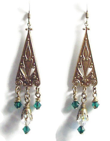 Triangle Drop Earrings, Filigree Earrings, Triangle Earrings, Vintage Inspired Jewelry, Brass Jewelry, Fantasy Jewelry, Elfin Jewelry