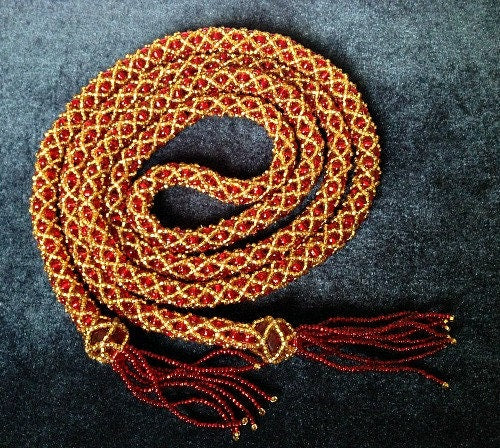 Red and Gold Beaded Lariat, Red Hand Beaded Necklace, Red Hand Beaded Necklace, Hand Beaded Jewelry, Statement Necklace