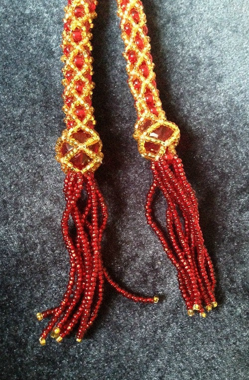 Red and Gold Beaded Lariat, Red Hand Beaded Necklace, Red Hand Beaded Necklace, Hand Beaded Jewelry, Statement Necklace