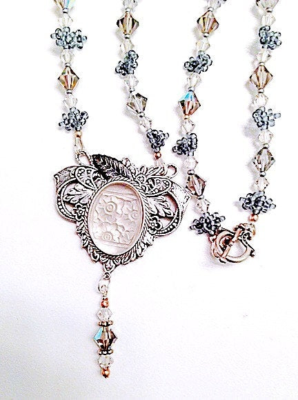 Frosted Glass Flower Necklace, Lalique Inspired Flower Intaglio Necklace, Vintage Style Necklace, Etched Glass Pendant