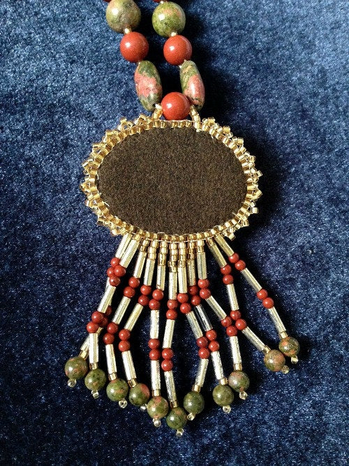 Unakite Necklace with Red Jasper Beads, Unakite Necklace, Boho Necklace, Beadwoven Jewelry, Fringe Necklace, Gemstone Necklace