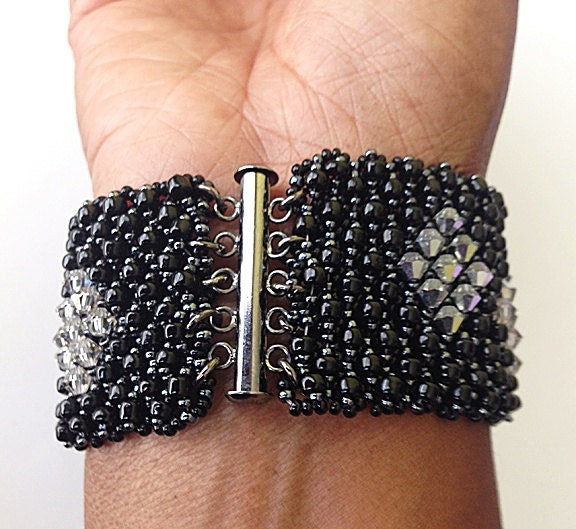 Handeaded Bracelet with Black Diamond Crystals