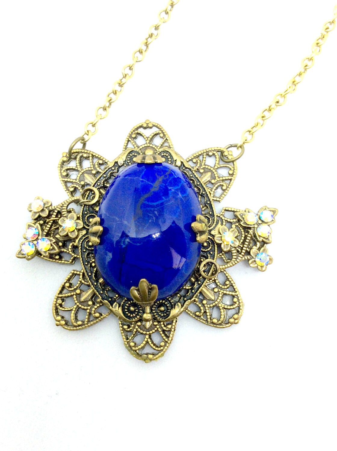 Blue Flower Necklace, Blue Howlite Flower Necklace, Flower Jewelry, Vintage Jewelry, Fantasy Jewelry, Filigree Jewelry, Brass Necklace