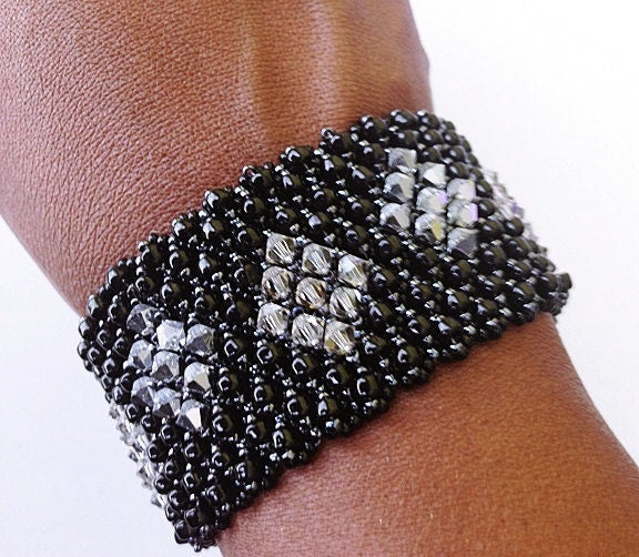 Handeaded Bracelet with Black Diamond Crystals
