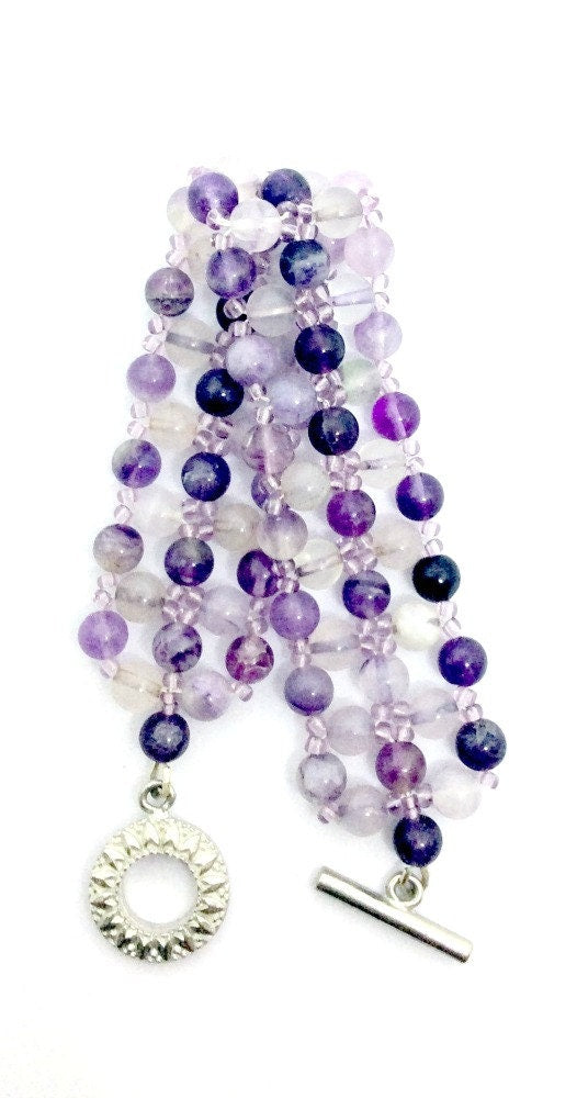 Amethyst Bracelet, Fluorite Bracelet, Amethyst and Fluorite Gemstone Bracelet, Hand Beaded Bracelet, Purple Bracelet, Gemstone Jewelry