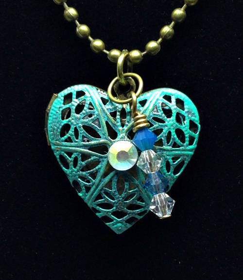 Brass Heart Locket, Blue Brass Heart Locket, Heart Jewelry, Heart Diffuser, Pendant, Heart Pendant,Filigree Jewelry, Filigree Heart