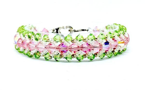 Pink and Green Crystal Bracelet, Spring Bracelet, Peridot and Rose Crystal Bracelet, Hand Beaded Crystal Bracelet