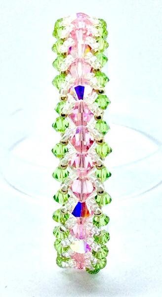 Pink and Green Crystal Bracelet, Spring Bracelet, Peridot and Rose Crystal Bracelet, Hand Beaded Crystal Bracelet