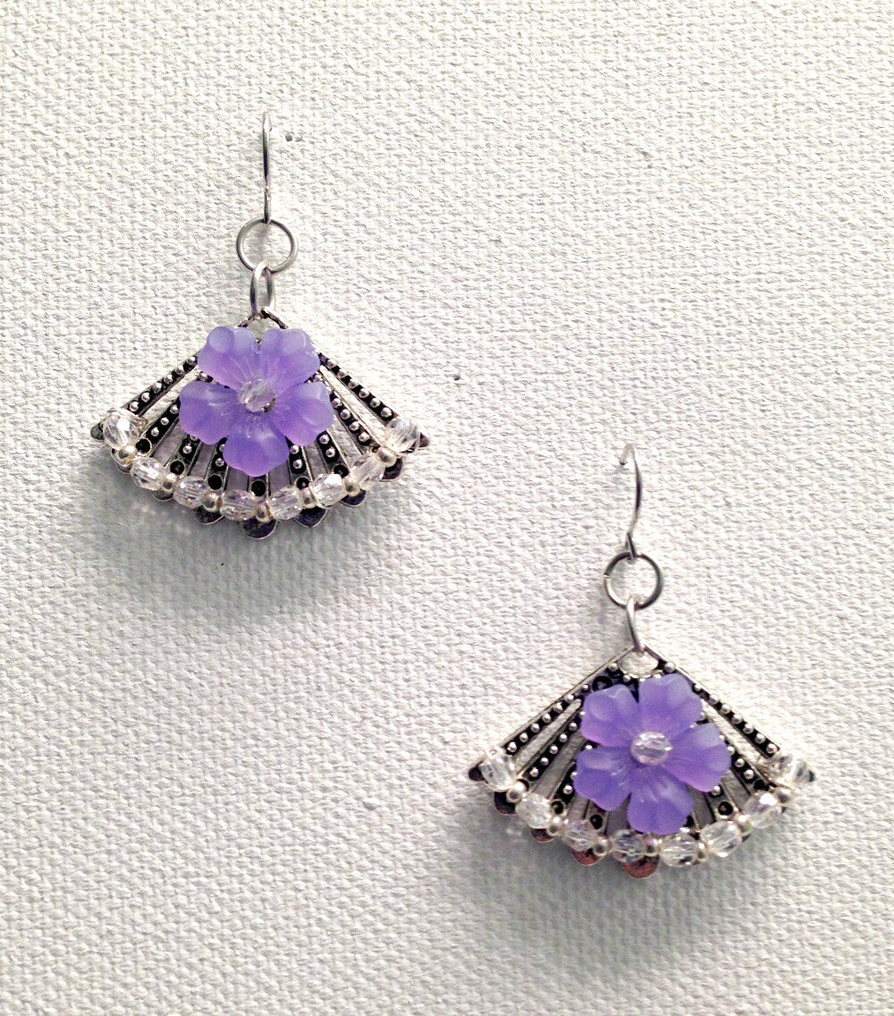 Crystal Flower Fan Earrings Antique Silver Fan Earrings