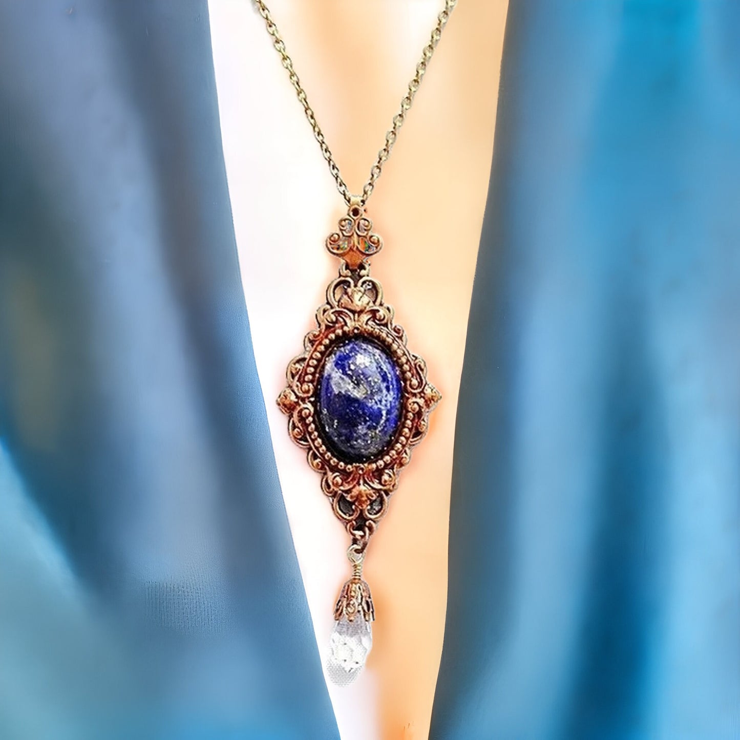 Blue Lapis Stone Necklace, Lapis and Brass Filigree Necklace, Teen Jewelry, Blue Stone Necklace, Brass Filigree Necklace, Statement Necklace