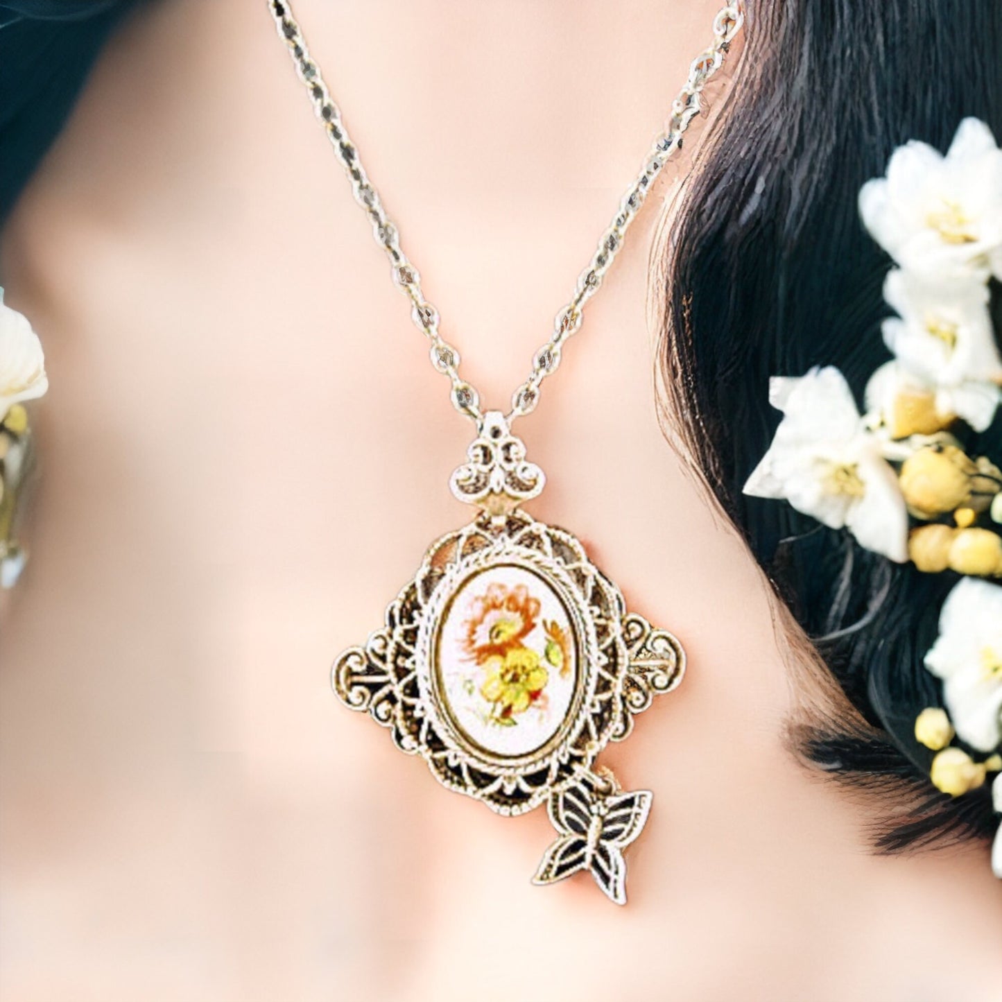 Butterfly and Flower Pendant, Butterfly Necklace, Butterfly Jewelry, Vintage Flower Necklace, Floral Jewelry, Filigree Flower Necklace
