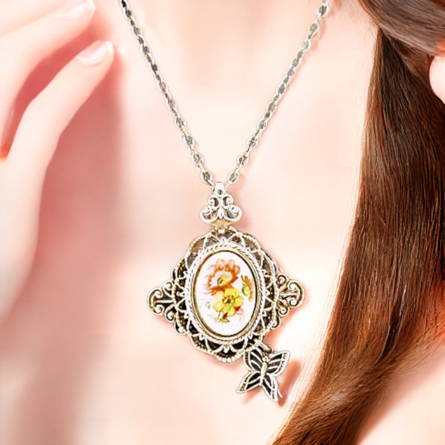 Butterfly and Flower Pendant, Butterfly Necklace, Butterfly Jewelry, Vintage Flower Necklace, Floral Jewelry, Filigree Flower Necklace