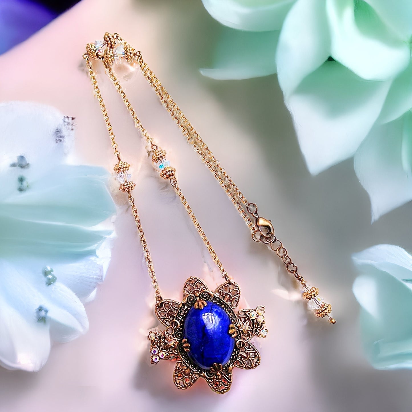 Blue Flower Necklace, Blue Howlite Flower Necklace, Flower Jewelry, Vintage Jewelry, Fantasy Jewelry, Filigree Jewelry, Brass Necklace
