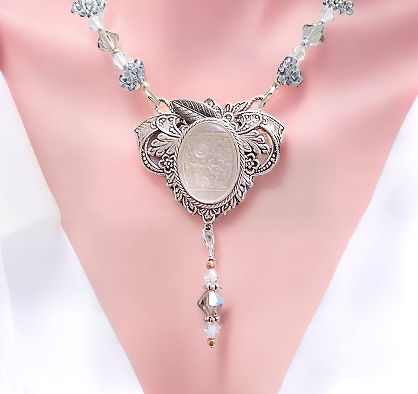 Frosted Glass Flower Necklace, Lalique Inspired Flower Intaglio Necklace, Vintage Style Necklace, Etched Glass Pendant