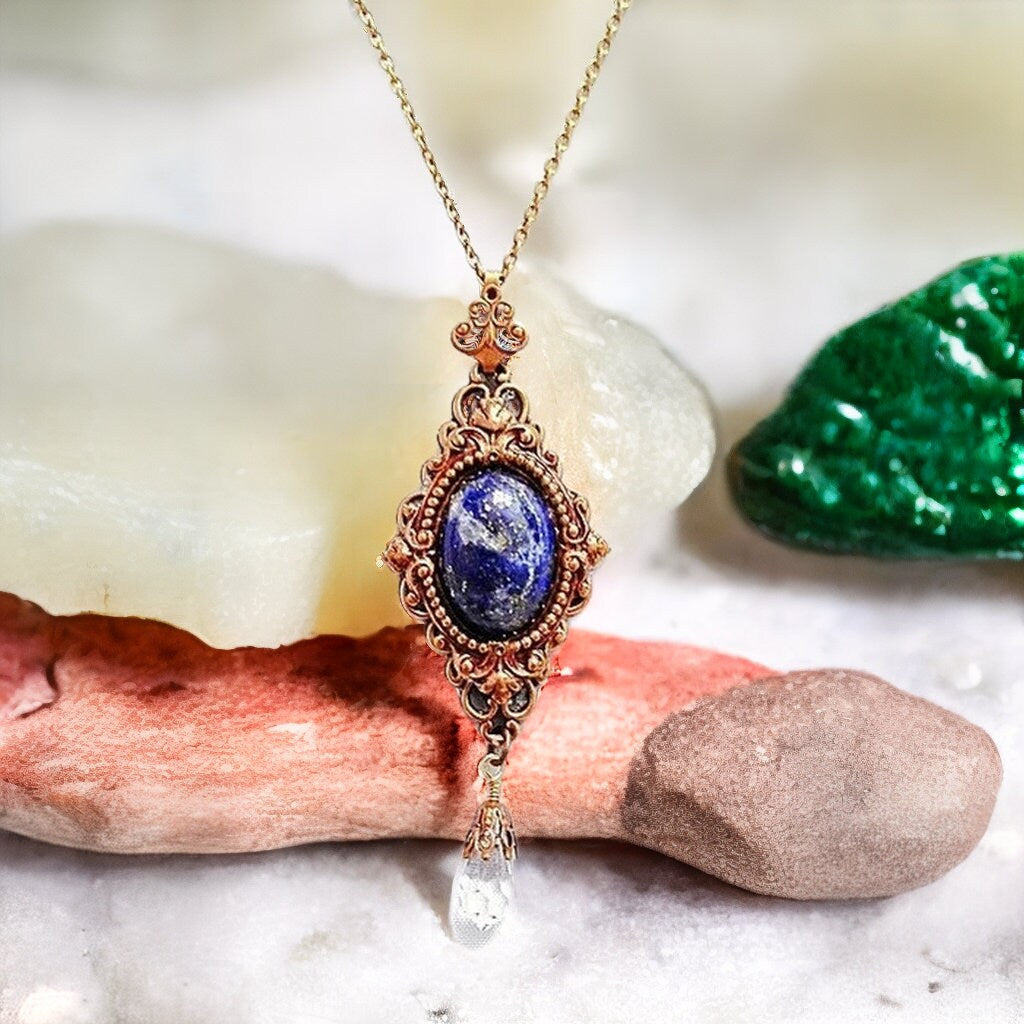 Blue Lapis Stone Necklace, Lapis and Brass Filigree Necklace, Teen Jewelry, Blue Stone Necklace, Brass Filigree Necklace, Statement Necklace