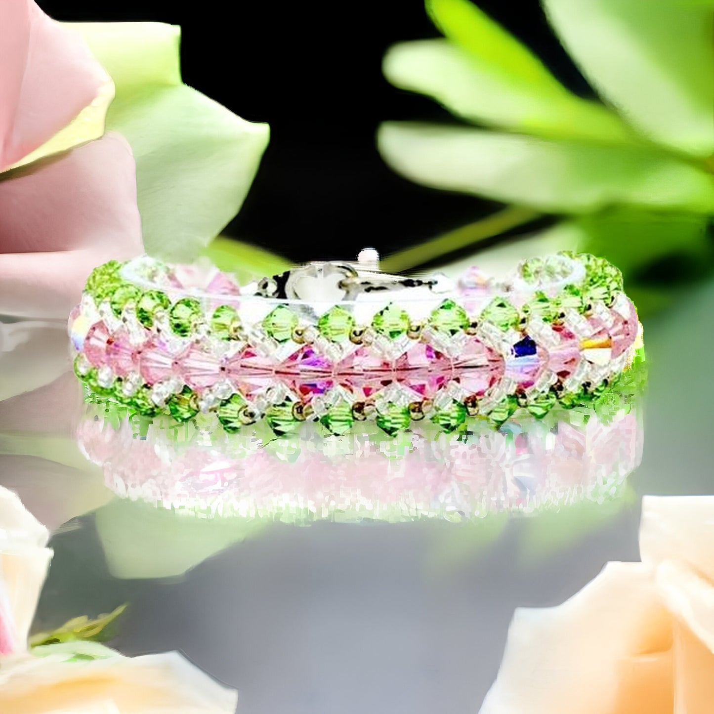 Pink and Green Crystal Bracelet, Spring Bracelet, Peridot and Rose Crystal Bracelet, Hand Beaded Crystal Bracelet