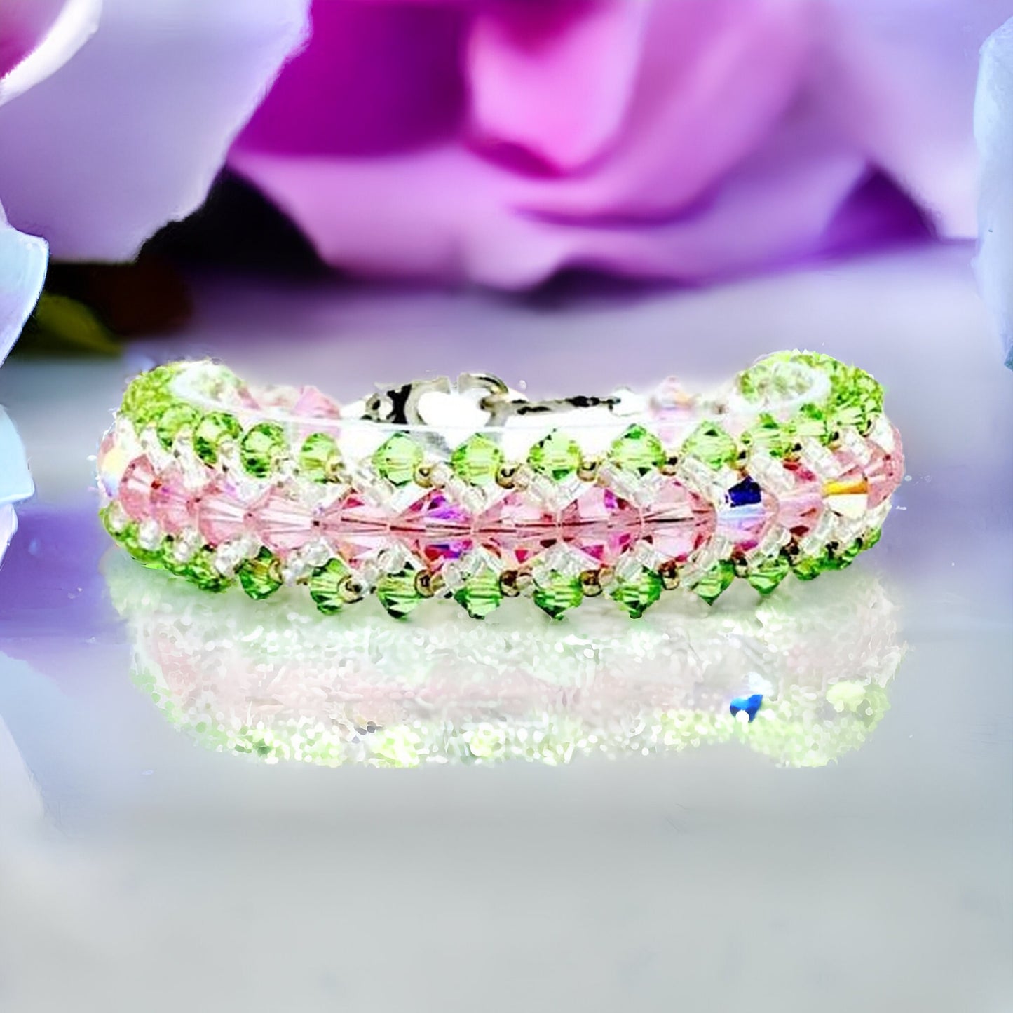 Pink and Green Crystal Bracelet, Spring Bracelet, Peridot and Rose Crystal Bracelet, Hand Beaded Crystal Bracelet