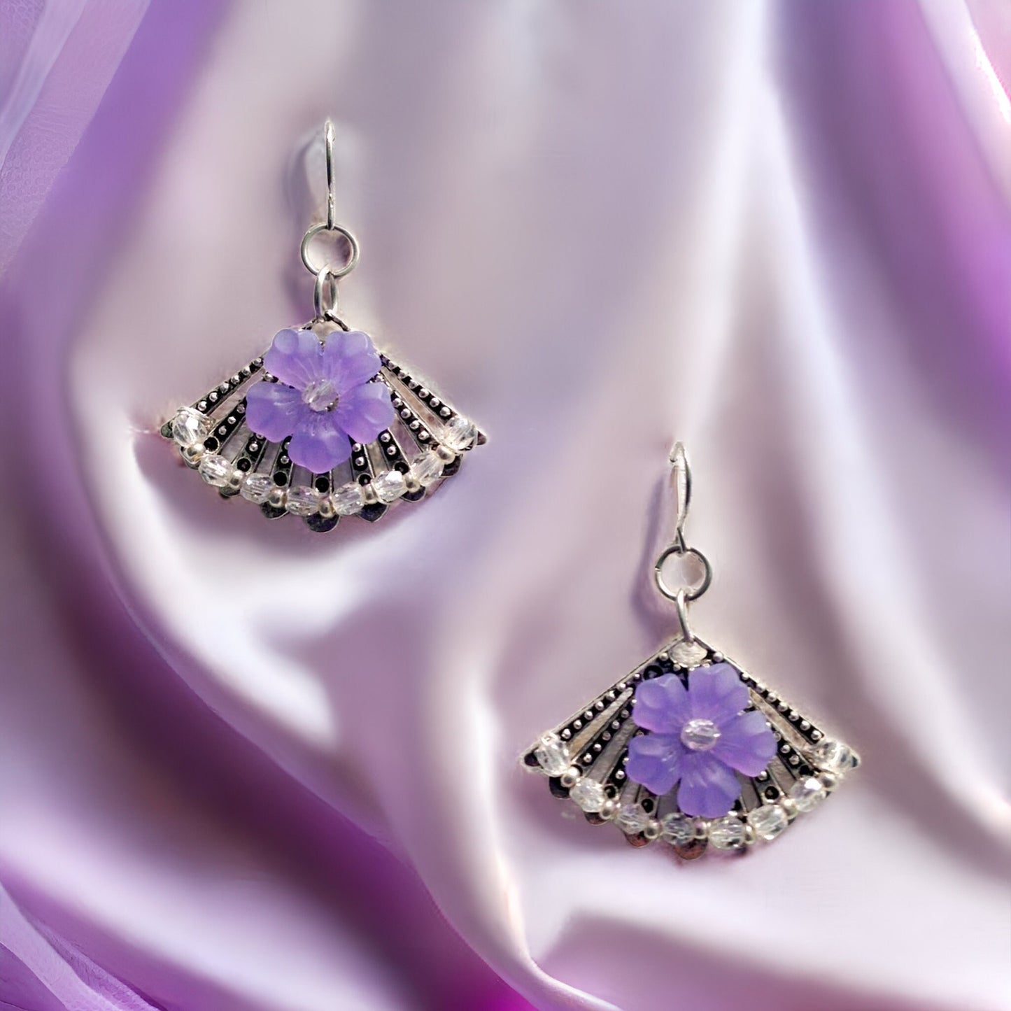 Crystal Flower Fan Earrings Antique Silver Fan Earrings
