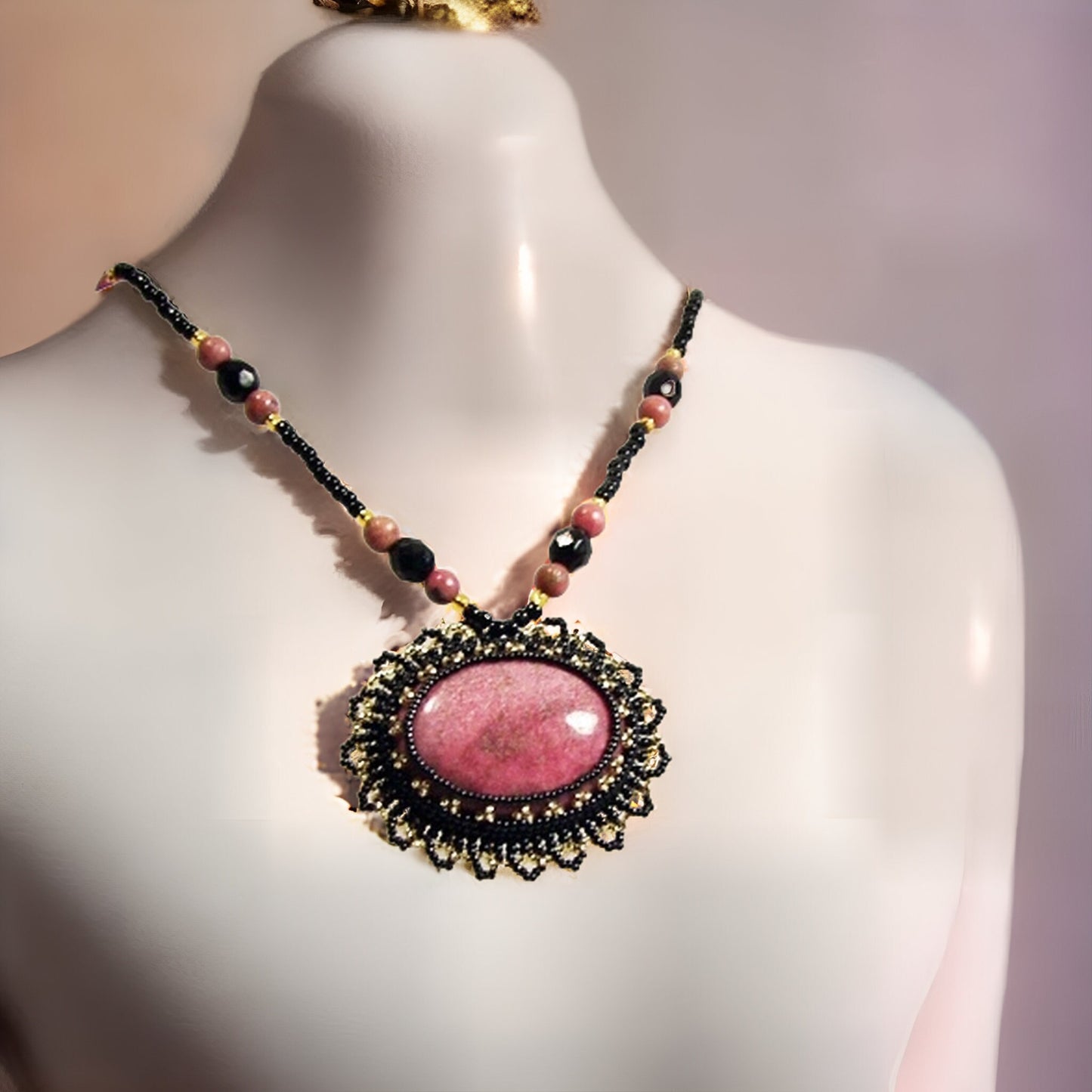 Rhodonite Necklace, Pink Necklace, Rhodonite Jewelry, Hand Beaded Necklace, Gemstone Necklace, Pink Beaded Necklace