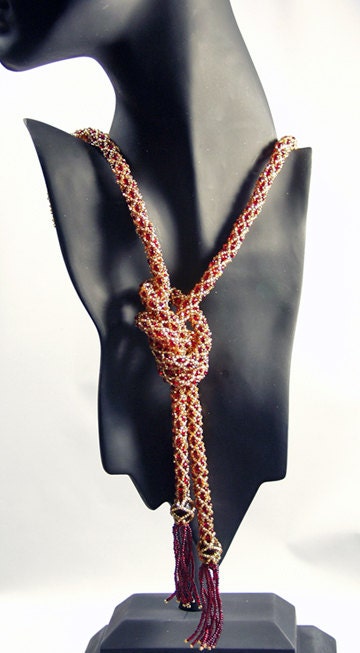 Red and Gold Beaded Lariat, Red Hand Beaded Necklace, Red Hand Beaded Necklace, Hand Beaded Jewelry, Statement Necklace