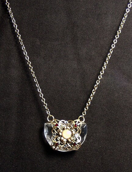 Crystal Brass Filigree Necklace, Filigree Wrapped Crystal Necklace, Vintage Crystal Filigree Necklace, Statement Necklace,Fantasy Jewelry