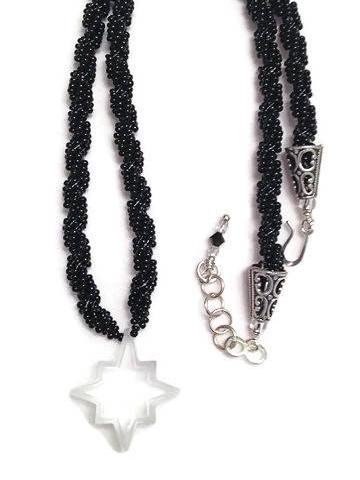 Vintage North Star Necklace – Hand-Beaded Black Rope with Crystal Pendant