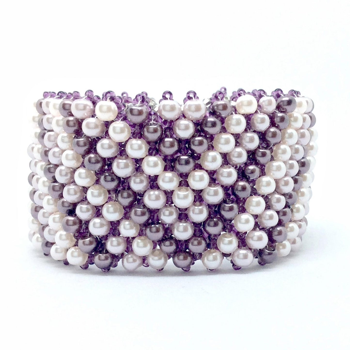 Hand-Beaded Purple Pearl Cuff – Glass Pearl Bracelet with Chevron Design