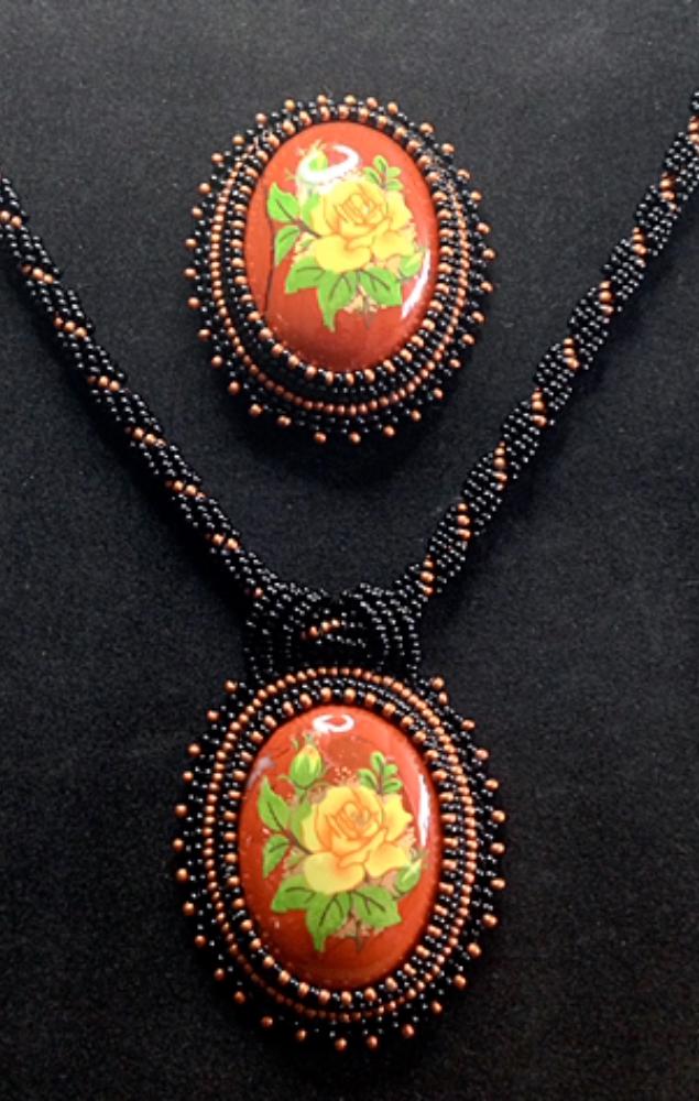 Red Jasper Beaded Necklace & Brooch Set, Yellow Rose Necklace Set, Decoupage Roses, Statement Necklace, Flower Necklace