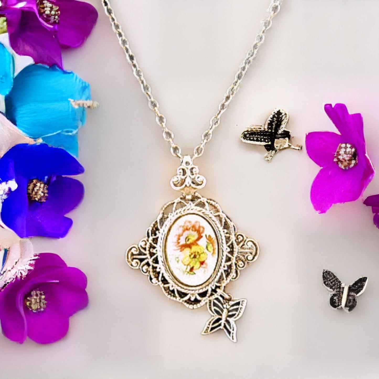 Butterfly and Flower Pendant, Butterfly Necklace, Butterfly Jewelry, Vintage Flower Necklace, Floral Jewelry, Filigree Flower Necklace