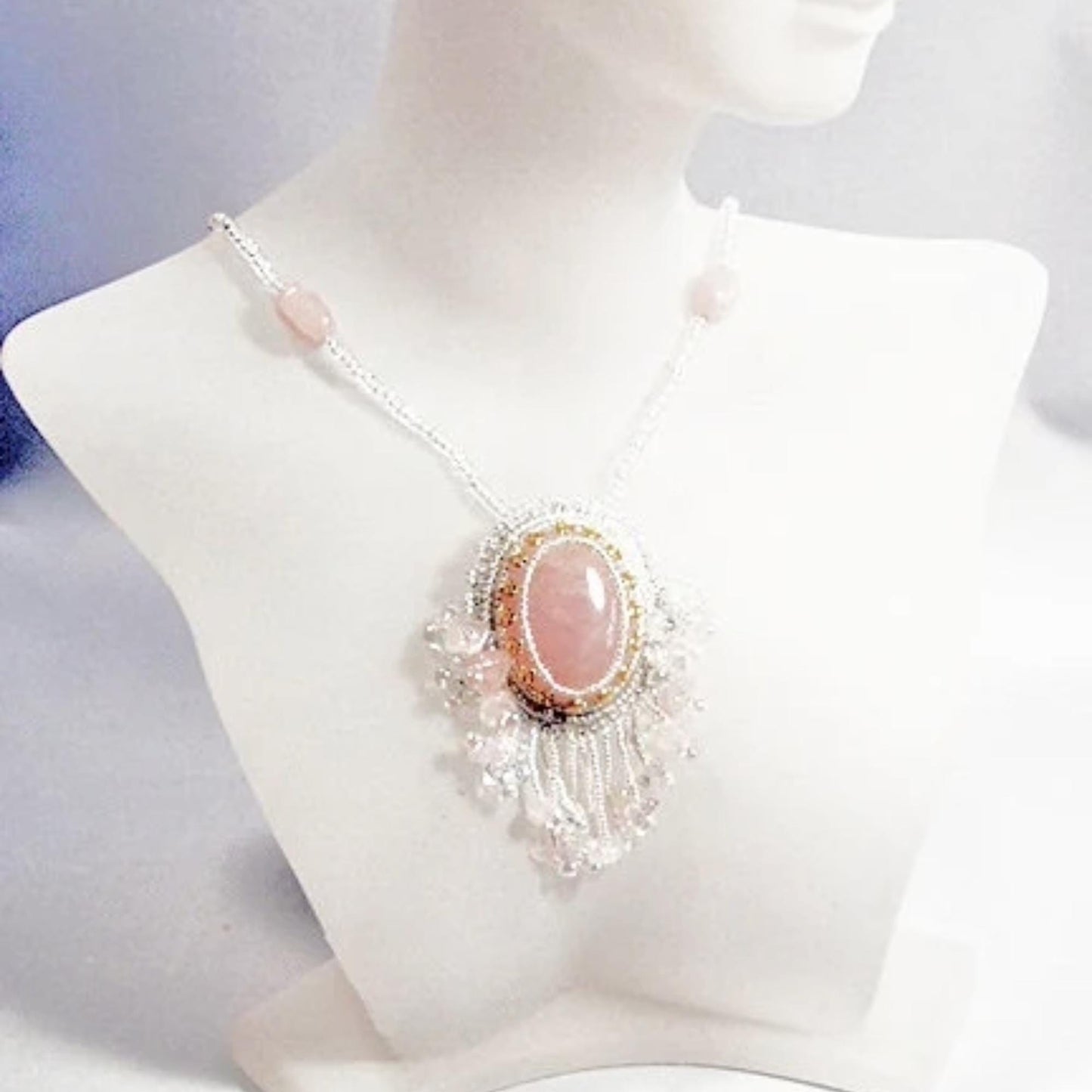 Necklace, Rose Quartz Pendant, Bridal Statement Necklace, Bridal Jewelry, Pink & Crystal Quartz Necklace, Bridal Necklace, Wedding Jewelry