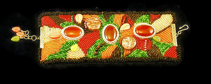 Carnelian Cuff Bracelet, Autumn Jewelry, Handbeaded Bracelet W/ Beads & Carnelian Stone, Bead Embroidery Bracelet, Autumn Cuff