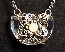 Crystal Brass Filigree Necklace, Filigree Wrapped Crystal Necklace, Vintage Crystal Filigree Necklace, Statement Necklace,Fantasy Jewelry