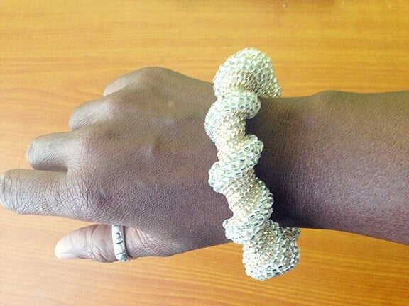 Beaded Bangle, Bridal Jewelry, Gold Hand Beaded Spiral Bangle, Woven Beaded Bangle, Beaded Twist Bangle, Statement Bangle, Chunky Bangle