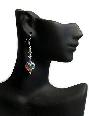 Rainbow Lampwork Earrings, Glass Filigree Earrings, Glass Scroll Bead Earrings, Bohemian Earring, Choice of Red, Yellow and Blue