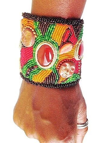 Carnelian Cuff Bracelet, Autumn Jewelry, Handbeaded Bracelet W/ Beads & Carnelian Stone, Bead Embroidery Bracelet, Autumn Cuff