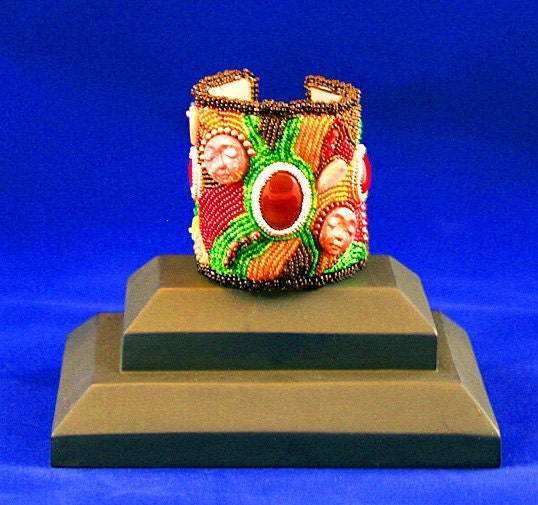 Carnelian Cuff Bracelet, Autumn Jewelry, Handbeaded Bracelet W/ Beads & Carnelian Stone, Bead Embroidery Bracelet, Autumn Cuff