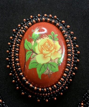Red Jasper Beaded Necklace & Brooch Set, Yellow Rose Necklace Set, Decoupage Roses, Statement Necklace, Flower Necklace