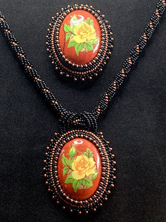 Red Jasper Beaded Necklace & Brooch Set, Yellow Rose Necklace Set, Decoupage Roses, Statement Necklace, Flower Necklace