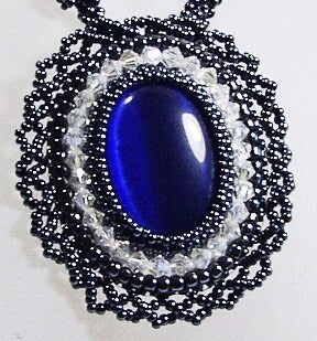 Handbeaded Blue Cat's Eye Crystal Necklace, Swarovski Crystals, Hematite Seed Beads, Statement Jewelry
